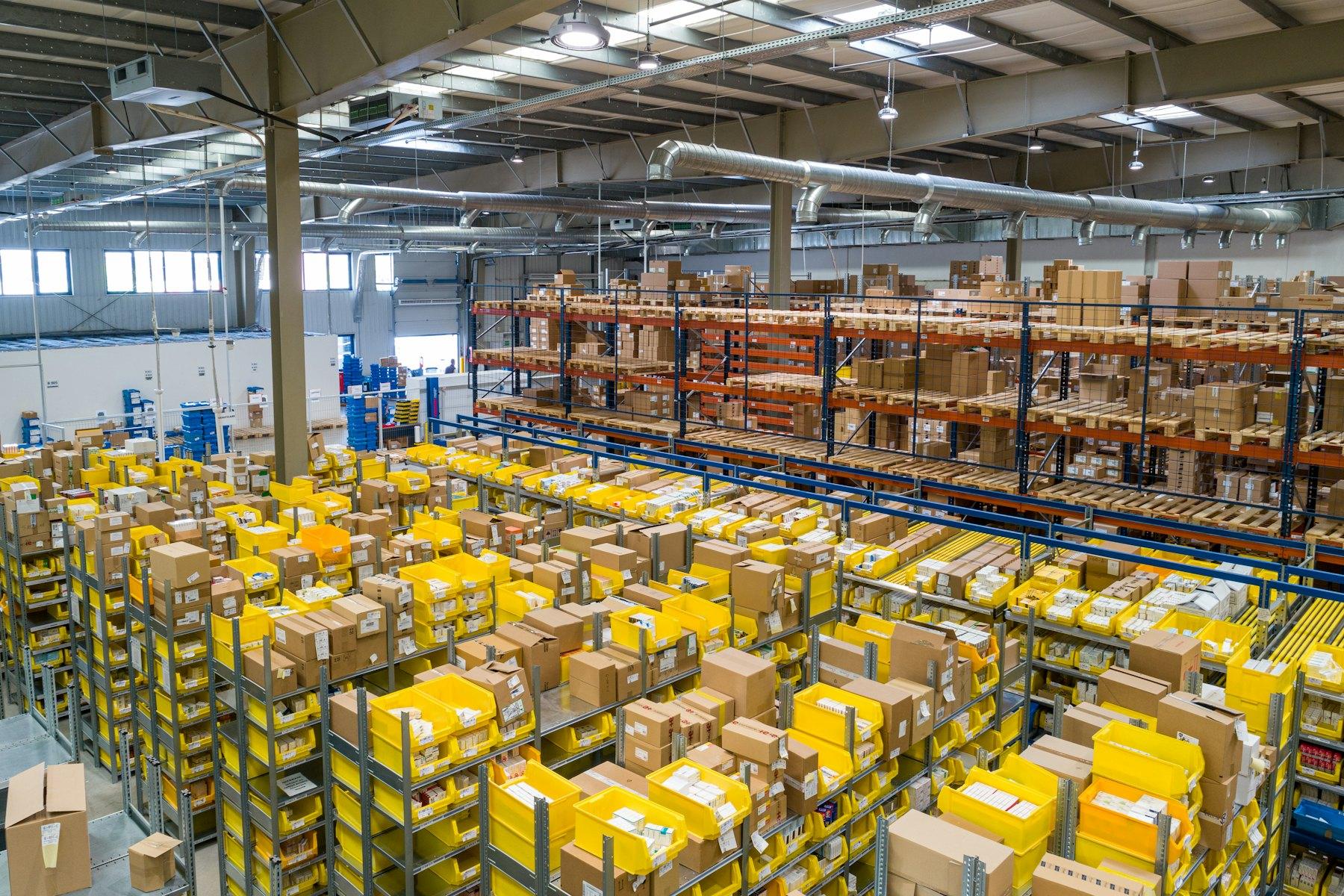 Warehouse aisles stocked with materials